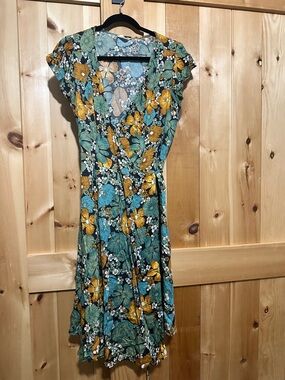 Floral Wrap Midi Dress in Teal and Mustard